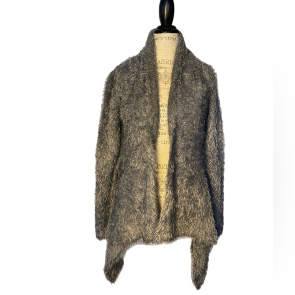 Anthropologie Escio Fuzzy Gray Waterfall Cardigan With Crochet Back size XL